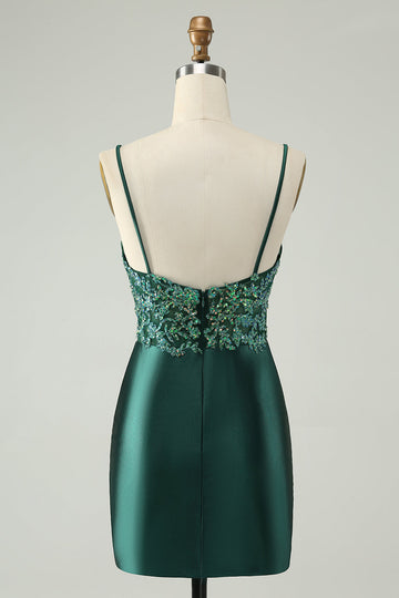 Vestido de cóctel corto ajustado con cuello en V y lentejuelas con purpurina verde oscuro